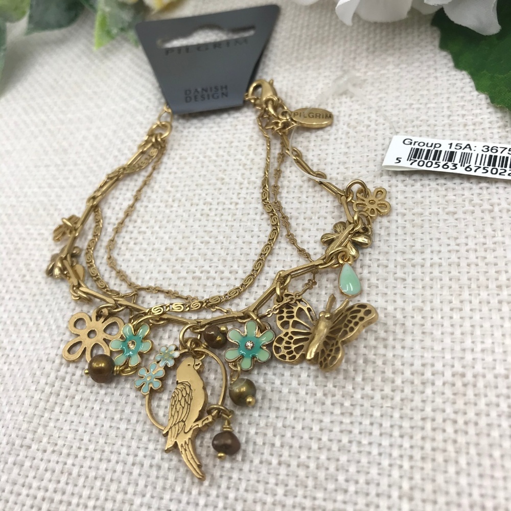 Teal Enamel Bird Flower Butterfly Dangle Bracelet